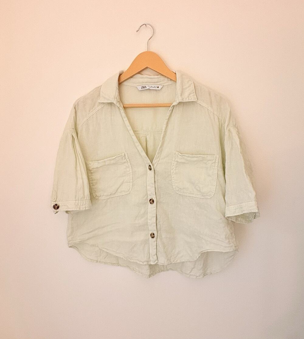 Zara Linen Green Cropped Shirt Size S Boxy Button Front Collared Short Sleeve